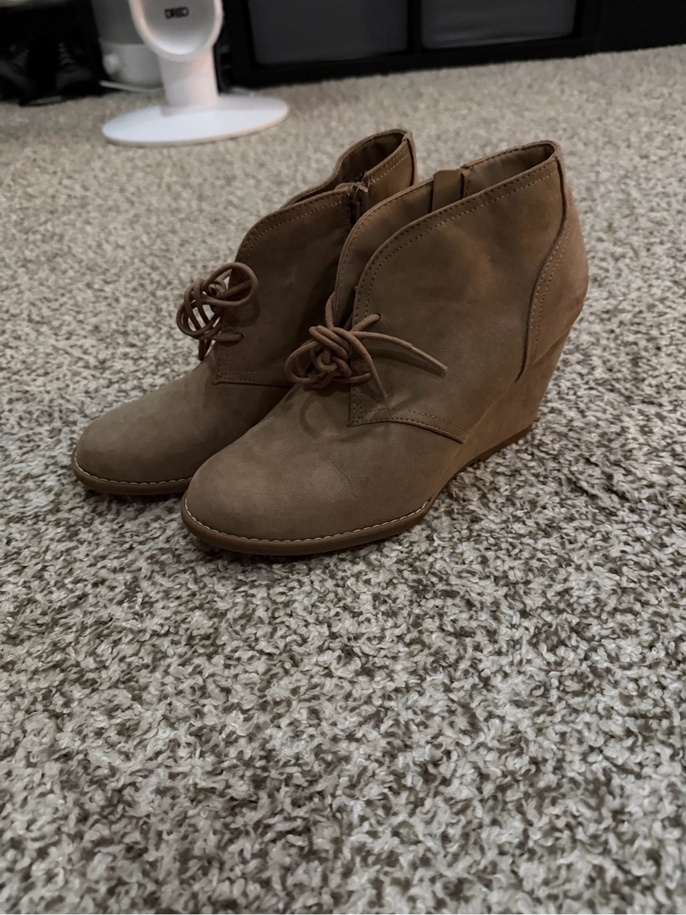 Women's Tan Wedge Ankle Booties with Lace-Up Front